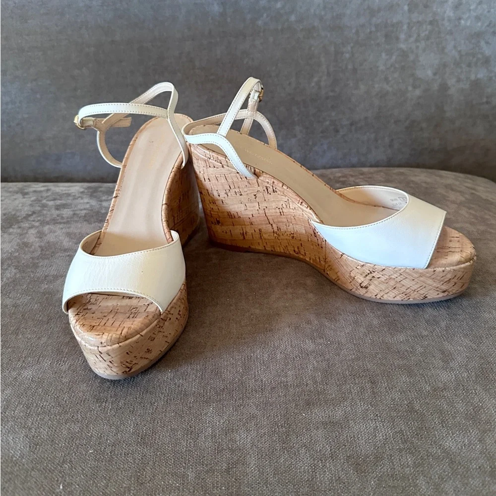 Stuart Weitzman Beige Leather Buckle Strappy Wedge Sandals Women EU 39 US 9 - Picture 5 of 12